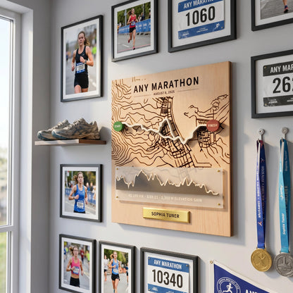 Personalized Marathon Route Map Board, 3D Running Display, Custom Race Memory Wall Decor, Gift for Runners