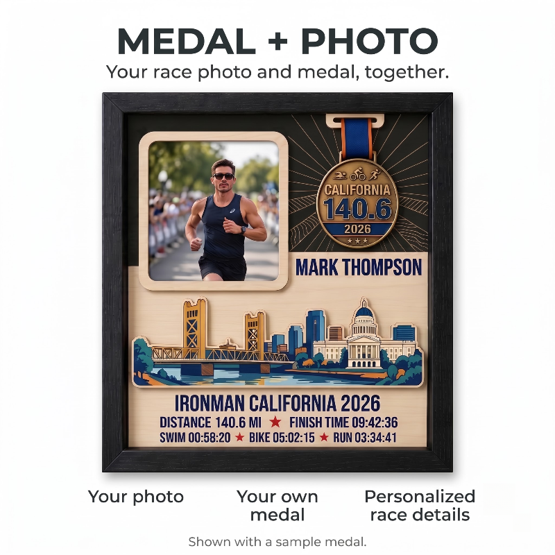 Triathlon Medal Display Frame, Personalized Medal Hanger, Race Bib & Photo Display with Route Option, Triathlete Gift