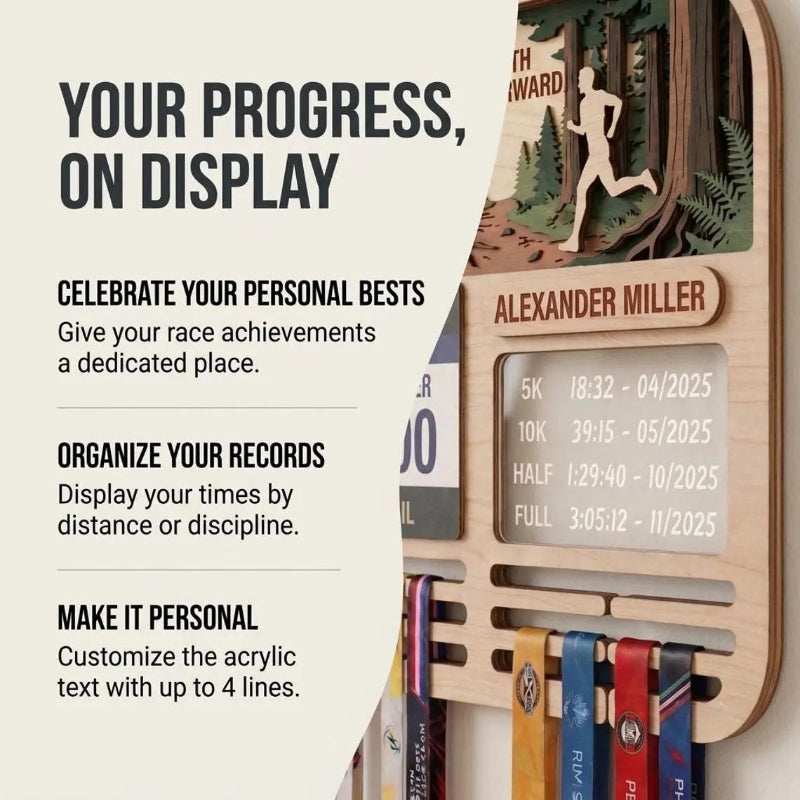 Personalized Running Medal Holder, Forest Trail Running Design, Race Bib Display & Optional Tracker
