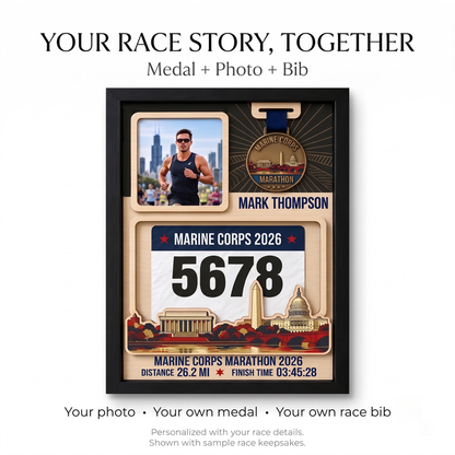 Marine Corps Marathon Medal Display, Personalized Race Bib and Photo Frame, Layered Design with Route Map Option