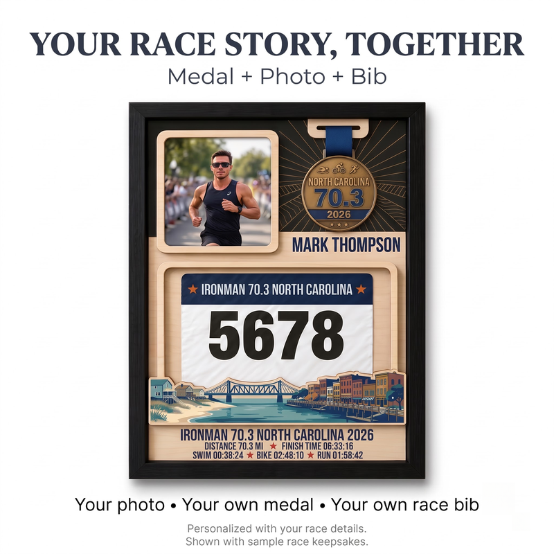 North Carolina Triathlon Medal Display, Personalized Medal Hanger with Photo, Race Bib & Route Options, Triathlete Gift