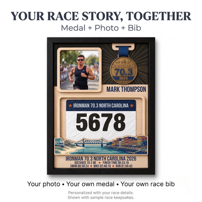 North Carolina Triathlon Medal Display, Personalized Medal Hanger with Photo, Race Bib & Route Options, Triathlete Gift