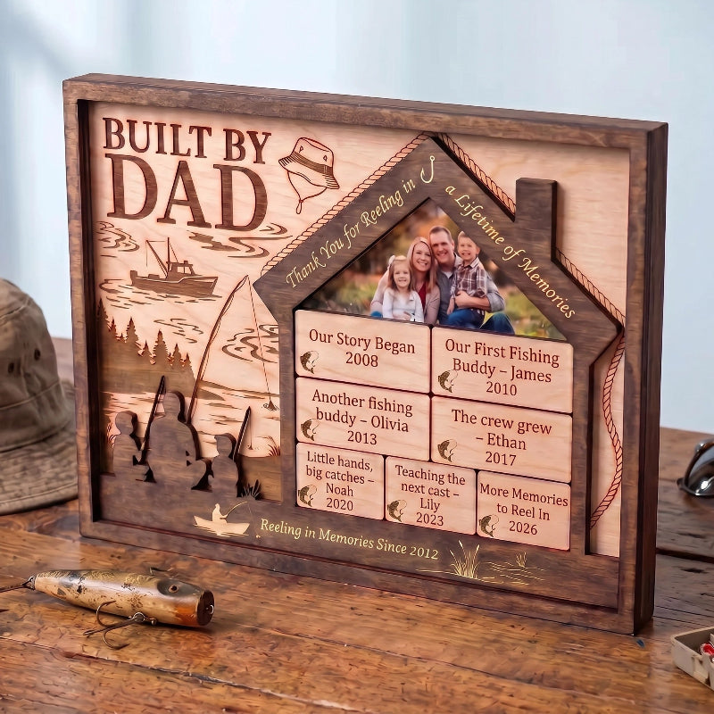 Reeling In Memories Built By Dad Wooden Sign, Personalized Fishing Gift for Dad, Father’s Day Gift, Custom Family Timeline Plaque