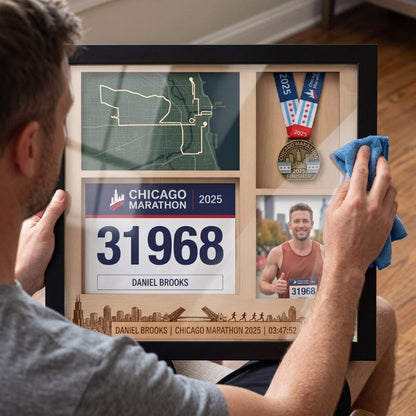 Chicago Marathon Shadow Box Display, Race Bib Medal and Photo Holder, Personalized Running Memory Box for Marathon Runners