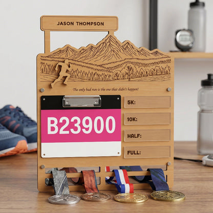 Personalized Running Medal and Bibs Holder With Name, Custom Marathon Medal Display, Wooden Race Bib Organizer, Gift for Runners