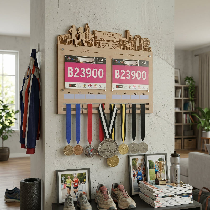 Personalized Couple’s Running Medal and Bib Display, Custom Marathon Medal Holder for Couples, Wooden Race Achievement Wall Decor, Gift for Runners