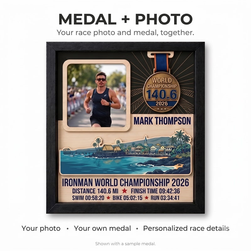 Kona Triathlon Medal Display, Personalized Medal Hanger with Photo, Race Bib & Route Options, Triathlete Gift