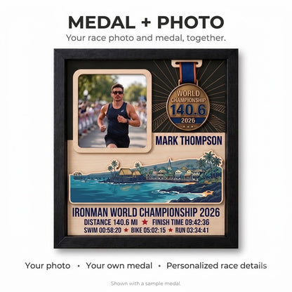 Kona Triathlon Medal Display, Personalized Medal Hanger with Photo, Race Bib & Route Options, Triathlete Gift