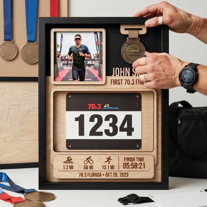 First 70.3 Triathlon Bib and Medal Display, Personalized Race Bib Holder, Half Distance Finisher Gift