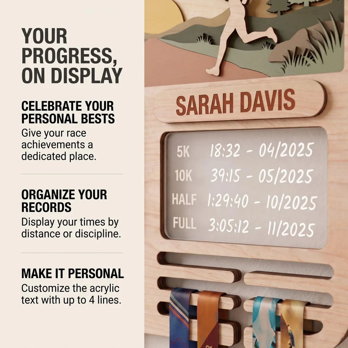 Personalized Running Medal Holder & Race Bib Display, Wooden Marathon Medal Hanger, Sunset Run Design