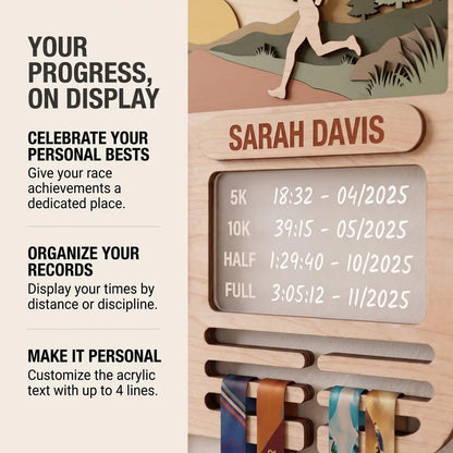 Personalized Running Medal Holder & Race Bib Display, Wooden Marathon Medal Hanger, Sunset Run Design