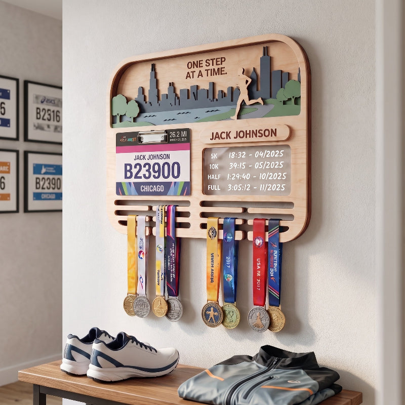 Running Medal Holder Race Bib Display Custom Medal Hanger Chicago Marathon Gift for Runners