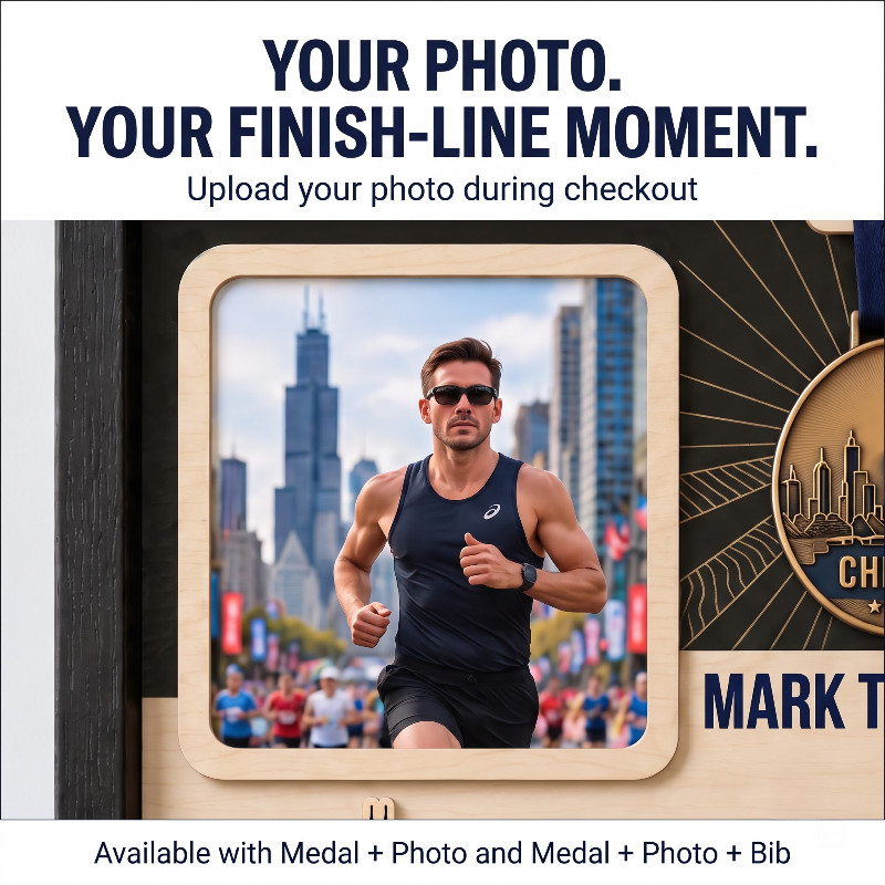 Chicago Marathon Layering Medal Hanger, Personalized Race Route Map on Wood, Custom Bib & Medal Display with Photo, Gift for Marathon Finisher