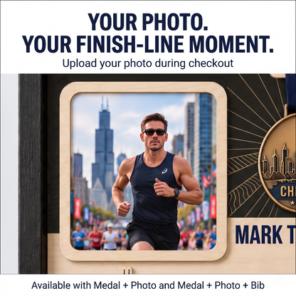 Chicago Marathon Layering Medal Hanger, Personalized Race Route Map on Wood, Custom Bib & Medal Display with Photo, Gift for Marathon Finisher