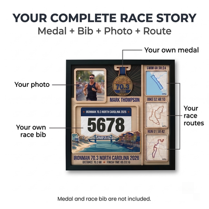 North Carolina Triathlon Medal Display, Personalized Medal Hanger with Photo, Race Bib & Route Options, Triathlete Gift