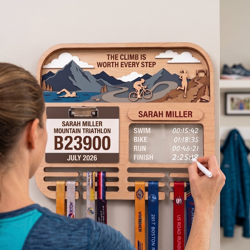 Personalized Triathlon Medal Holder, Layered Mountain Medal Display, Optional Race Bib Holder, Triathlete Gift