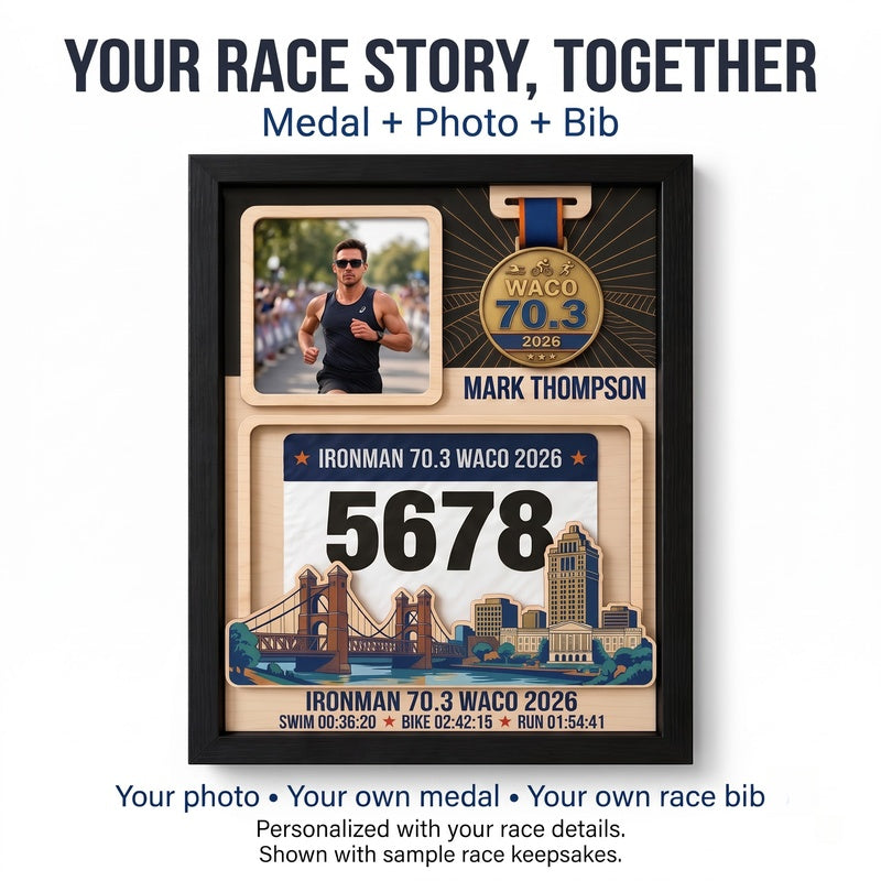 Waco Triathlon Medal Display, Personalized Medal Hanger with Photo, Race Bib & Route Options, Triathlete Gift