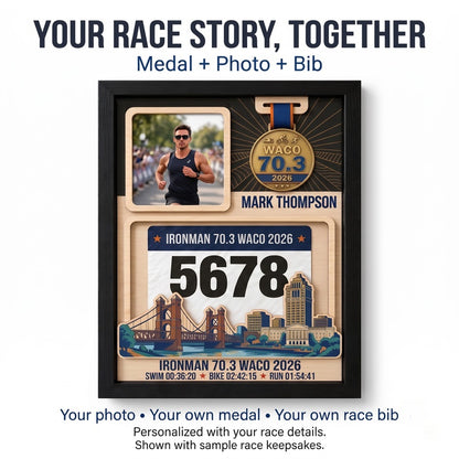Waco Triathlon Medal Display, Personalized Medal Hanger with Photo, Race Bib & Route Options, Triathlete Gift