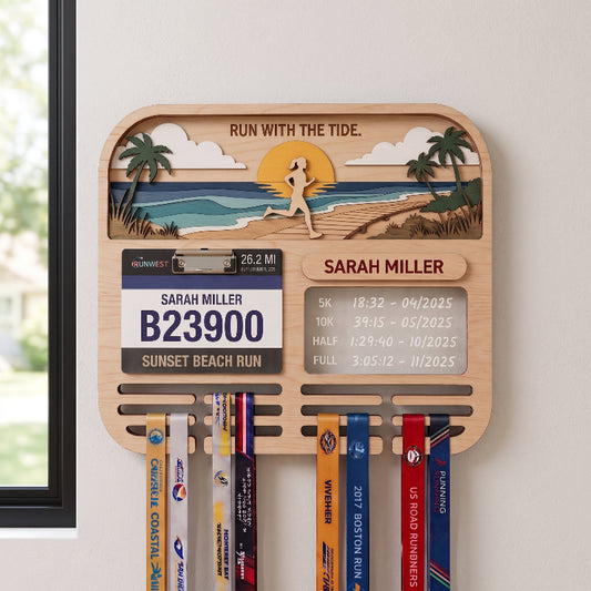 Personalized Running Medal Holder, Sunset Beach Design, Race Bib Display with Optional Running Tracker