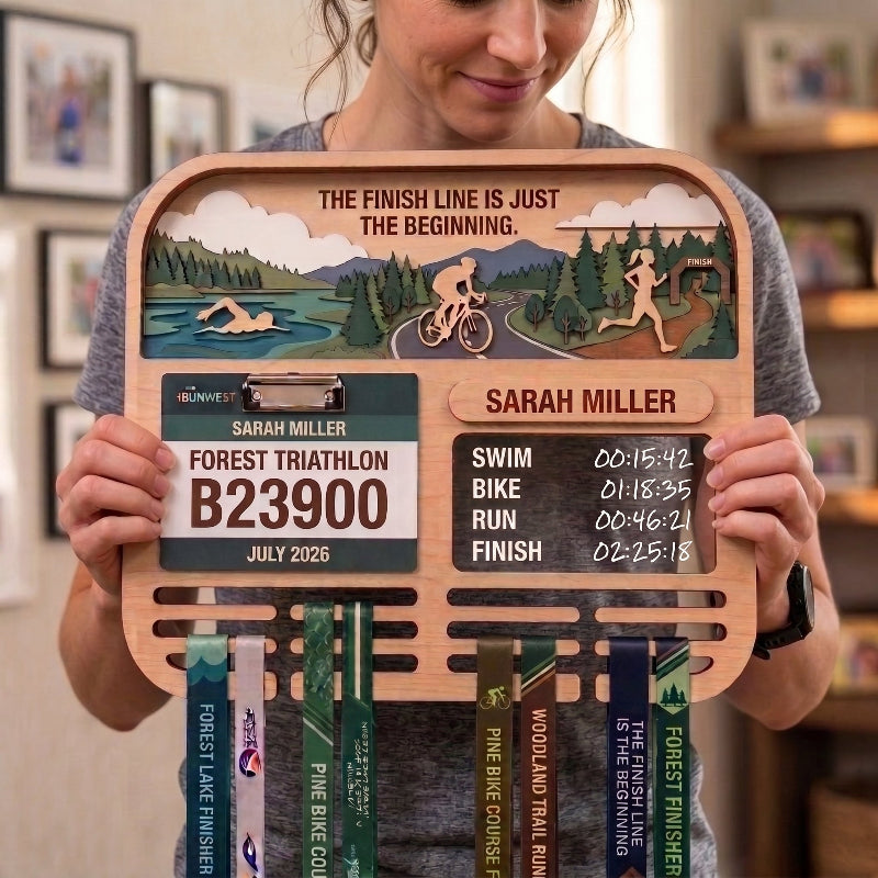 Layered Triathlon Medal Display, Forest Race Bib Holder & Custom Medal Hanger, Triathlete Gift, Race Day Keepsake