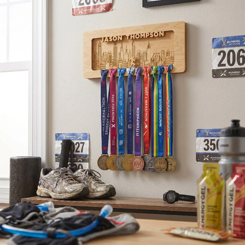 Personalized Running Medal Holder With Name, Custom Marathon Medal Display, Wooden Race Award Hanger, Gift for Runners