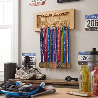 Personalized Running Medal Holder With Name, Custom Marathon Medal Display, Wooden Race Award Hanger, Gift for Runners