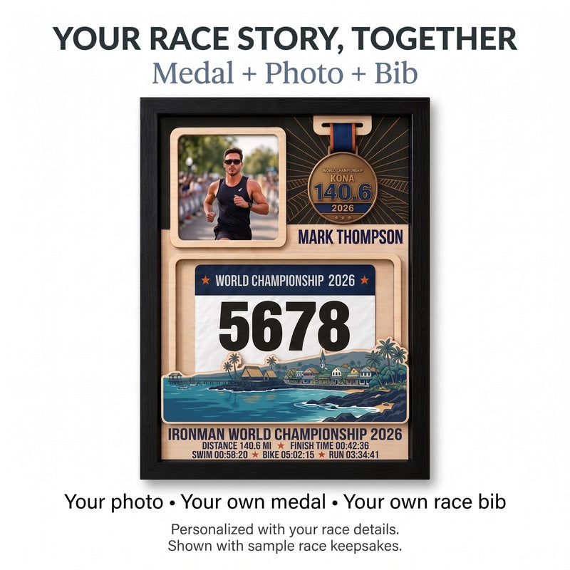 Kona Triathlon Medal Display, Personalized Medal Hanger with Photo, Race Bib & Route Options, Triathlete Gift