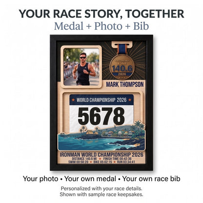 Kona Triathlon Medal Display, Personalized Medal Hanger with Photo, Race Bib & Route Options, Triathlete Gift