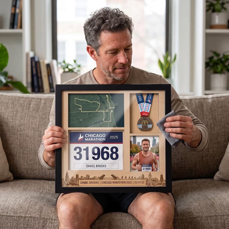 Chicago Marathon Shadow Box Display, Race Bib Medal and Photo Holder, Personalized Running Memory Box for Marathon Runners