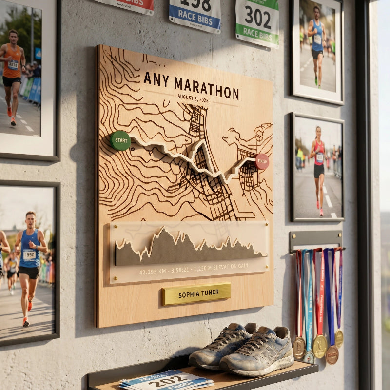 Personalized Marathon Route Map Board, 3D Running Display, Custom Race Memory Wall Decor, Gift for Runners