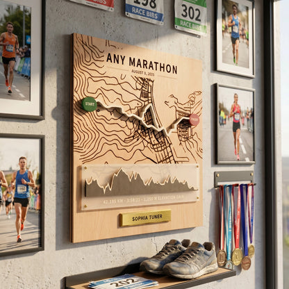 Personalized Marathon Route Map Board, 3D Running Display, Custom Race Memory Wall Decor, Gift for Runners