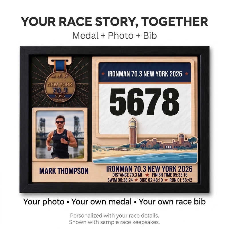 New York Triathlon Medal Display, Personalized Medal Hanger with Photo, Race Bib & Route Options, Triathlete Gift