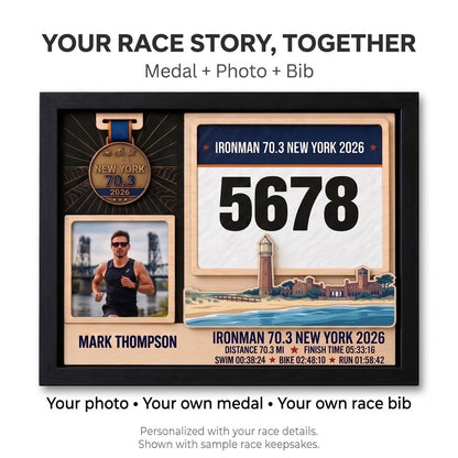 New York Triathlon Medal Display, Personalized Medal Hanger with Photo, Race Bib & Route Options, Triathlete Gift
