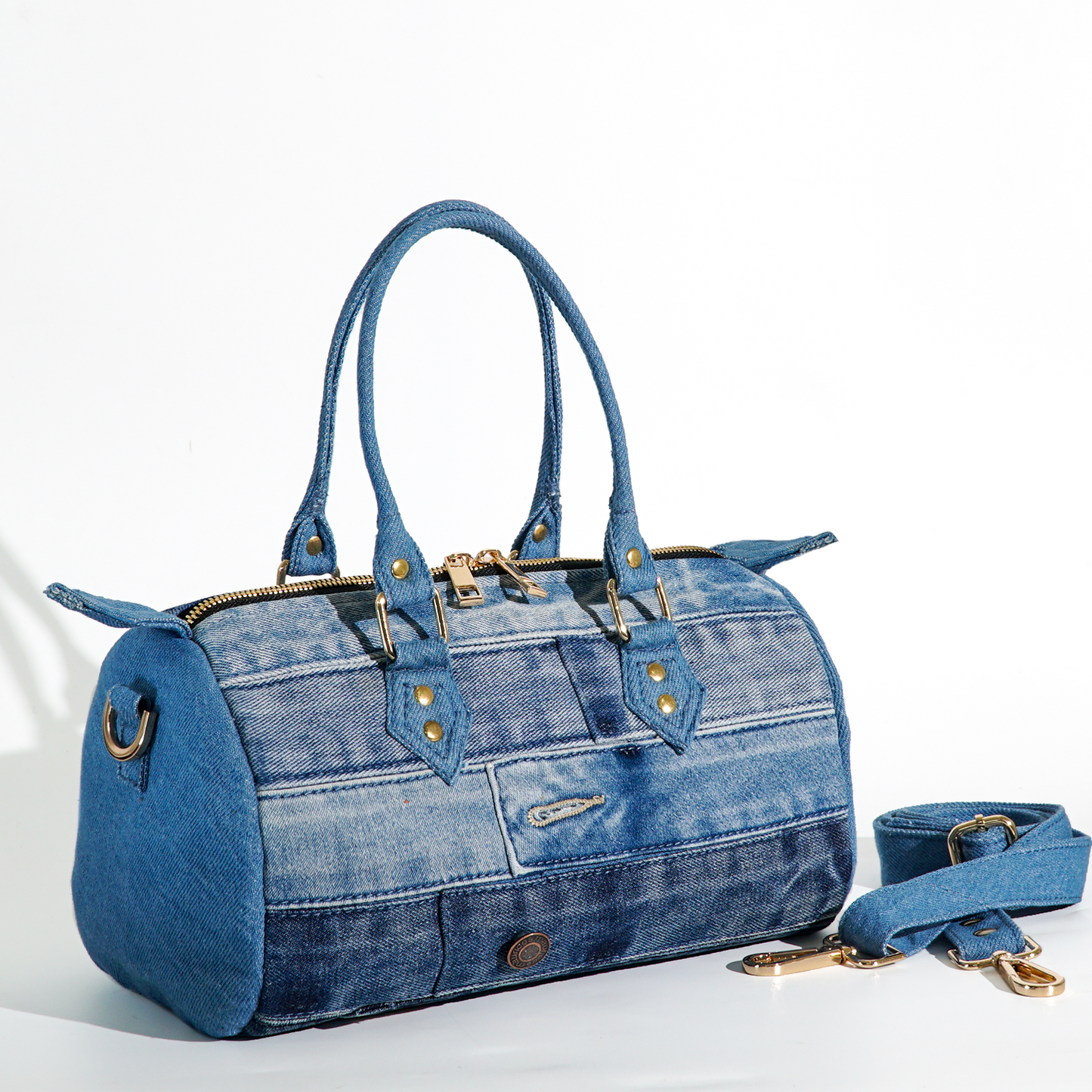 Recycle Unique Denim Barrel Chic Patchwork Handbag