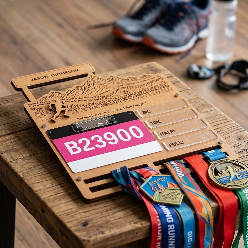 Personalized Running Medal and Bibs Holder With Name, Custom Marathon Medal Display, Wooden Race Bib Organizer, Gift for Runners