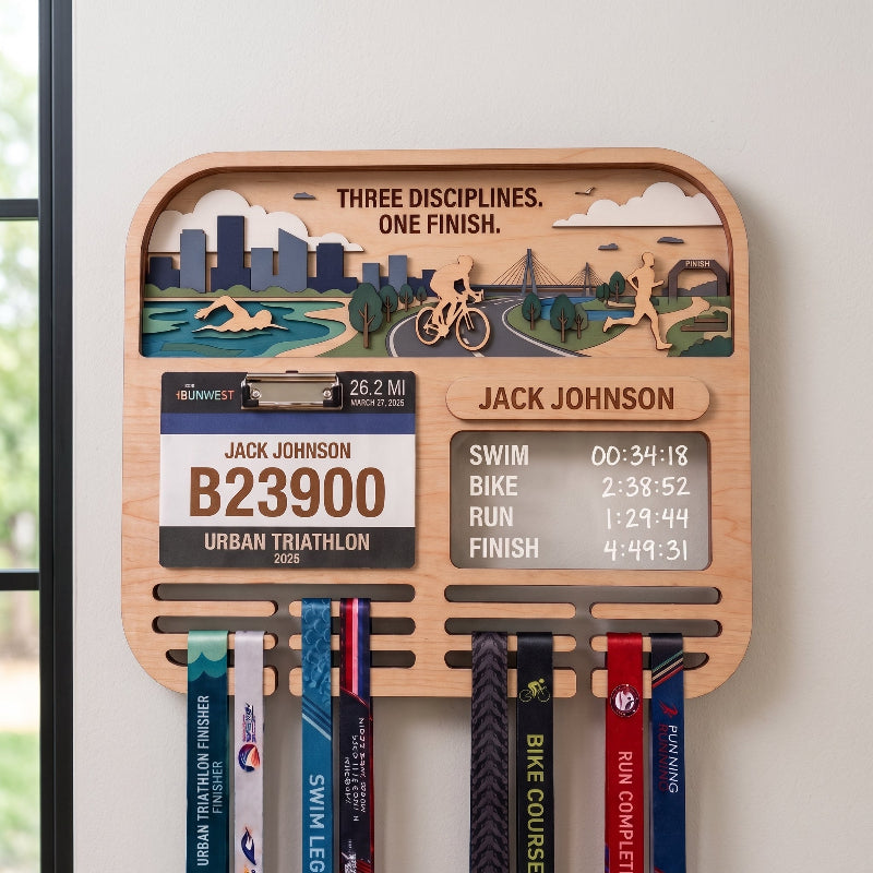 Personalized Triathlon Medal Display, Forest Medal Hanger, Optional Race Bib Holder, Triathlete Gift