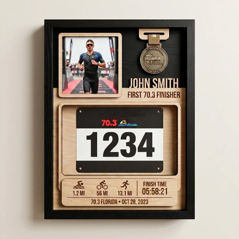 First 70.3 Triathlon Bib and Medal Display, Personalized Race Bib Holder, Half Distance Finisher Gift