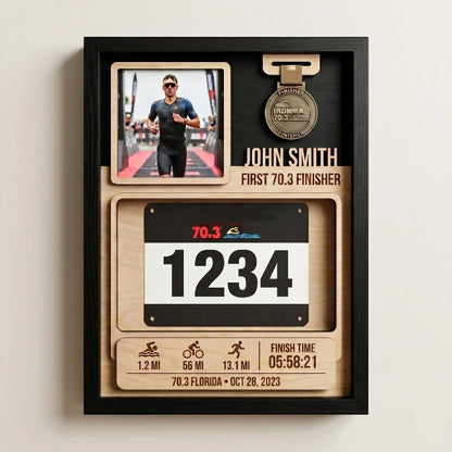 First 70.3 Triathlon Bib and Medal Display, Personalized Race Bib Holder, Half Distance Finisher Gift