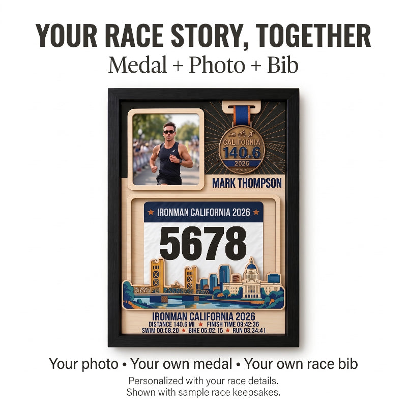 Triathlon Medal Display Frame, Personalized Medal Hanger, Race Bib & Photo Display with Route Option, Triathlete Gift