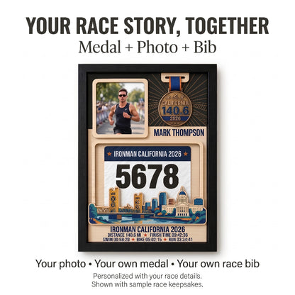 Triathlon Medal Display Frame, Personalized Medal Hanger, Race Bib & Photo Display with Route Option, Triathlete Gift