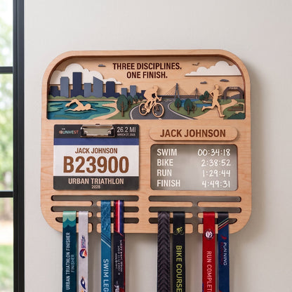 Personalized Triathlon Medal Display, Forest Medal Hanger, Optional Race Bib Holder, Triathlete Gift