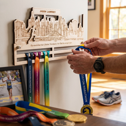 City Runner Medal Wooden Hanger, Personalized Marathon Medal Display, Custom Running Achievement Holder, Gift for Runners