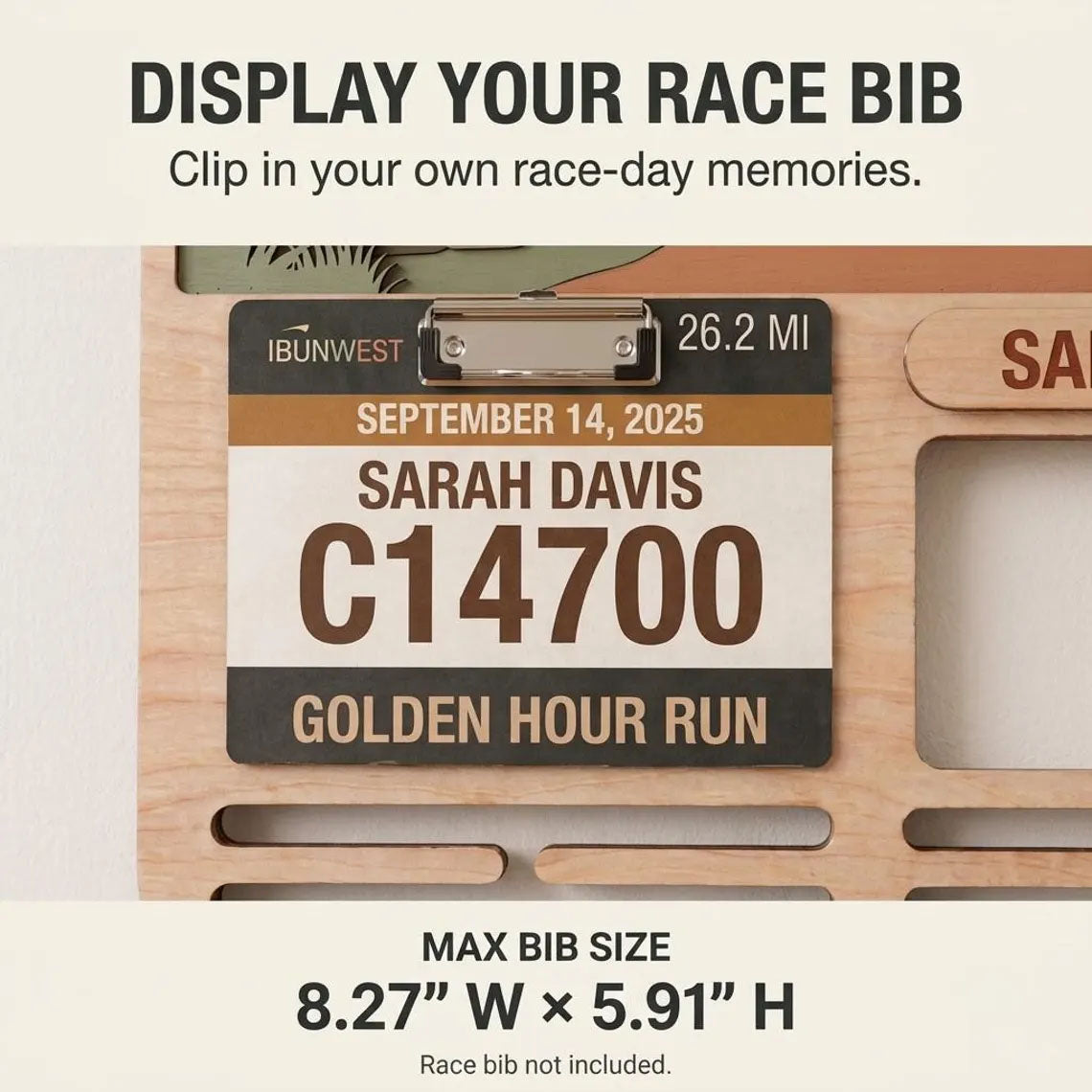 Personalized Running Medal Holder & Race Bib Display, Wooden Marathon Medal Hanger, Sunset Run Design