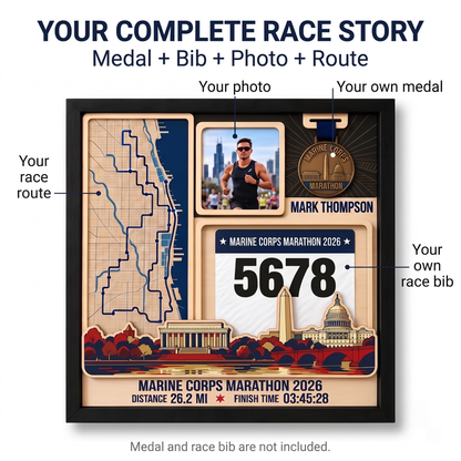 Marine Corps Marathon Medal Display, Personalized Race Bib and Photo Frame, Layered Design with Route Map Option