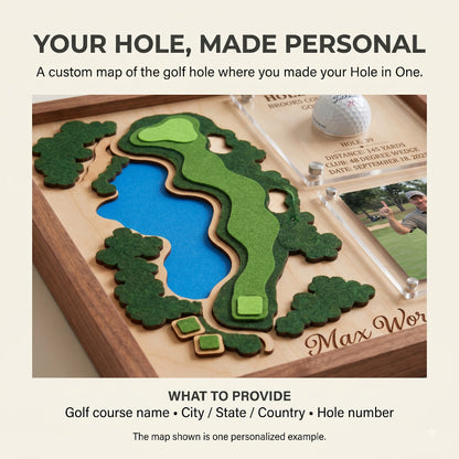 Hole in One Acrylic Display, Personalized Golf Course Map, Ball & Photo Frame, Custom Golf Gift