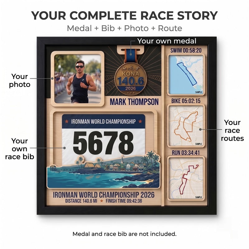 Kona Triathlon Medal Display, Personalized Medal Hanger with Photo, Race Bib & Route Options, Triathlete Gift