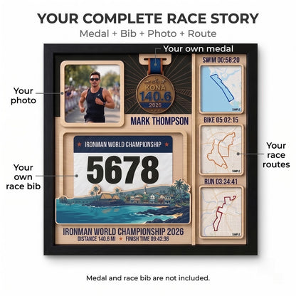 Kona Triathlon Medal Display, Personalized Medal Hanger with Photo, Race Bib & Route Options, Triathlete Gift