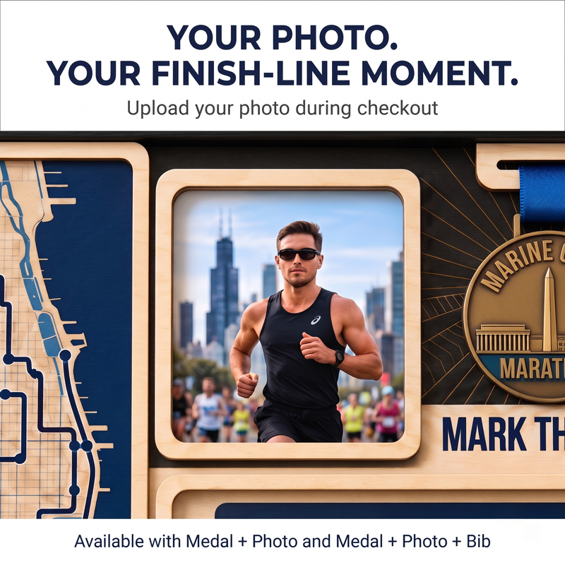 Marine Corps Marathon Medal Display, Personalized Race Bib and Photo Frame, Layered Design with Route Map Option