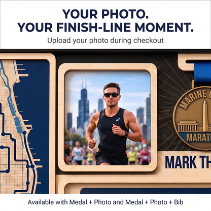 Marine Corps Marathon Medal Display, Personalized Race Bib and Photo Frame, Layered Design with Route Map Option