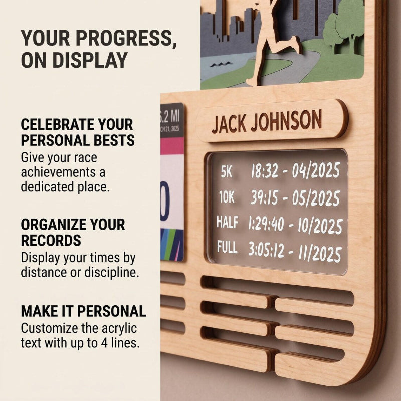 Chicago Marathon Medal Holder, Personalized Running Medal Hanger, Optional Race Bib Display and Tracker